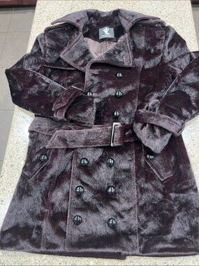 Von Lancelot trench double breasted Large coat jacket faux fur burgundy L z21